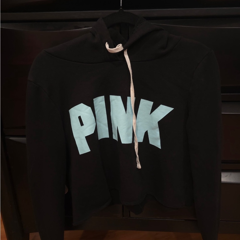 PINK Victoria's Secret Black Sweatshirt with Blue Lettering